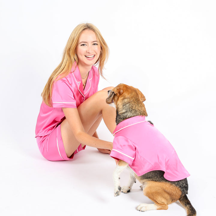 Both Tails pink human pajamas with matching pink dog pajamas